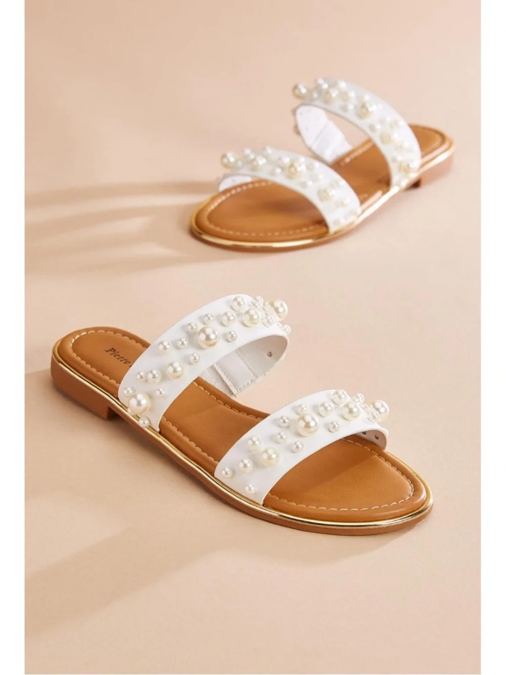 Pierre Dumas white pearl sandals double-strap design adorned with faux pearls